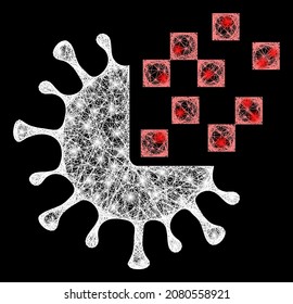 Glowing wire frame virus synthesis with light spots on a black background. Light vector constellation is created from virus synthesis symbol, with irregular net and light spots.