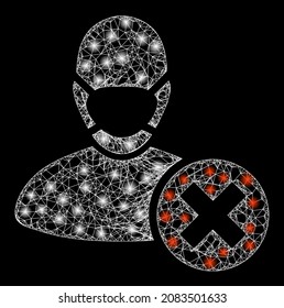 Glowing wire frame wrong masked man with glowing spots. Vector grid created from wrong masked man icon, and with intersected lines. Flare frame mesh wrong masked man on a black background.