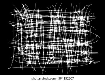 Glowing wire vector element. Composition of chaotic arranged glowing lines and dots. Technology and science concept. White and black colors.