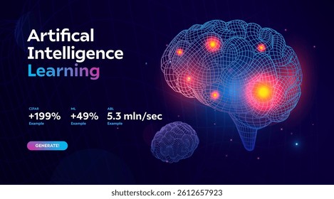 Glowing Wireframe Brain With Neural Connections And Energy Bursts On Futuristic Dark Background. Ideal For AI, Science, And Tech Concepts. Vector Illustration.