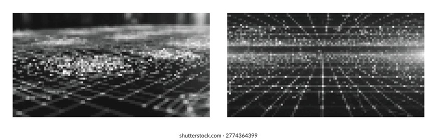 Glowing wireframe floor extending into darkness with sparkling particles and depth of field.
