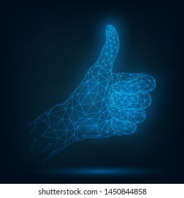 Glowing wireframe hand, gesture, thumbs up, like, good