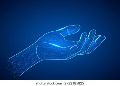 Mão aramado brilhante com malha poligonal e luz de néon azul. Ideal para IA, RV, tecnologia e temas de inovação. ilustração vetorial.
