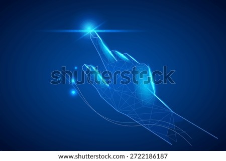 Glowing wireframe hand with polygonal mesh and blue neon light. Ideal for AI, VR, tech, and innovation themes. vector illustration.