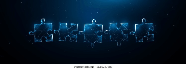 Glowing wireframe puzzle pieces forming a chain on dark blue digital background, symbolizing connection