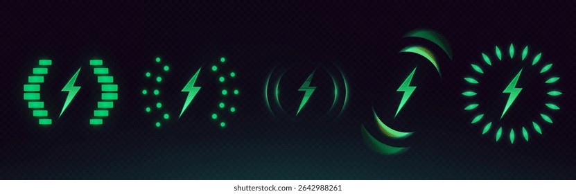Glowing wireless charge battery icons collection - neon green power indicators showing lightning bolts with circular loading patterns on dark bg for technology interface, mobile device charging.