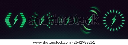 Glowing wireless charge battery icons collection - neon green power indicators showing lightning bolts with circular loading patterns on dark bg for technology interface, mobile device charging.