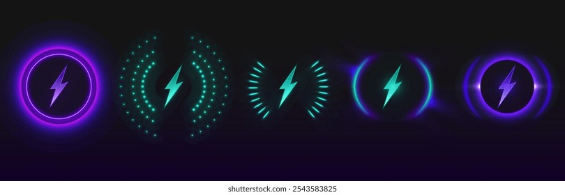 Ícones de carregamento sem fio brilhantes definidos com símbolos de raio em cores roxo neon e turquesa. Indicadores luminosos de energia da bateria de diferentes padrões circulares, halos pontilhados e desenhos radiais.