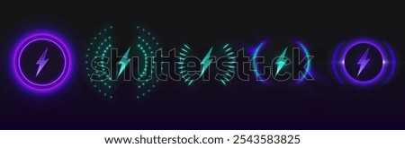 Glowing wireless charging icons set with lightning bolt symbols in neon purple and turquoise colors. Battery power luminous indicators of different circular patterns, dotted halos and radial designs.