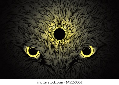 Glowing Wolf Eyes Are Starring Through The Dark, With A Gradient Shining, Coming From A Lunar Eclipse Circle. The Detailed Fur Reaches The Corners, And Has Many Fine Hair Lines, Ending In One Point.