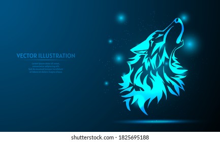 glowing wolf on a dark blue background of the space with shining stars. 