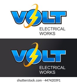 Glowing word VOLT with lightning and an inscription - ELECTRICAL WORKS. Vector illustration.