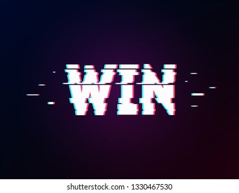 Glowing word win with glitch effect on dark gradient. Background in TV error style. Success and victory theme. Distorted letters, typography, bug or error for design concepts, presentations or cover.