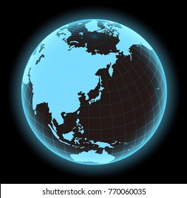 glowing world map vector illustration (globe / sphere). focus on Japan and east asia. 