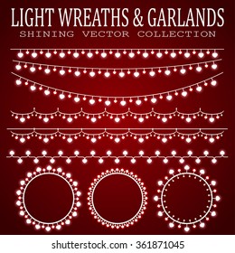 Glowing wreaths and garlands. Collection garlands with light bulbs in the form of hearts.