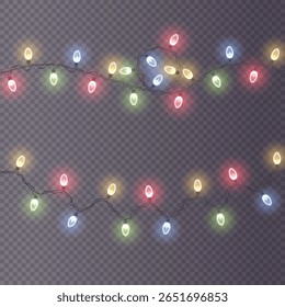 Brilhante luz de raios X. Corda conduzida decorativa com brilho de néon e iluminação colorida. Elemento feriado de inverno para cartão de saudação e fronteira de celebração. Ornamento vetorial em fundo festivo brilhante.

