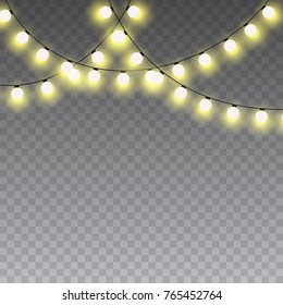 Glowing xmas lights, isolated realistic design elements. New year, Christmas, carnival party elemebt. Round lght bulbs with soft golden light