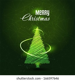Glowing xmas tree on dark green background