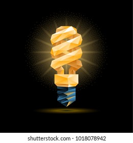 Glowing yellow 3d low poly fluorescent light bulb model. Vector polygonal bulb illustration on a black background.