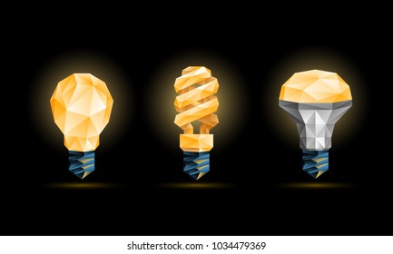 Glowing yellow 3d low poly light bulbs model set. Vector polygonal fluorescent and led bulb illustration on a black background.