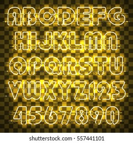 Glowing yellow alphabet with letters from A to Z and digits from 0 to 9. Glowing neon effect. Every letter is separate unit with wires, tubes and holders and can be combined with other.