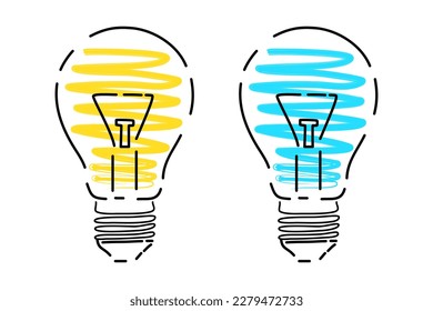 Bombillas amarillas y azules brillantes. Idea, negocio, imaginación, icono del pensamiento. Electricidad, invención, ahorro de energía. Una plantilla de póster ecológico. Cartel, folleto, tarjeta. Ilustración vectorial.