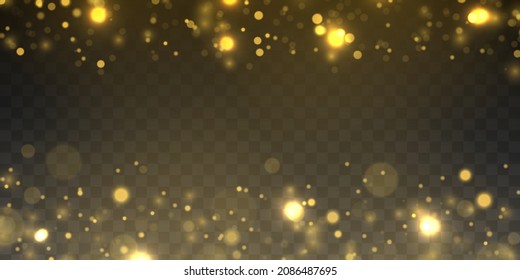 Glowing yellow bokeh circles, sparkling golden dust gold luxury decoration. Blurred light frame. Christmas concept. Bokeh light effect isolated on transparent background. Vector illustration.
