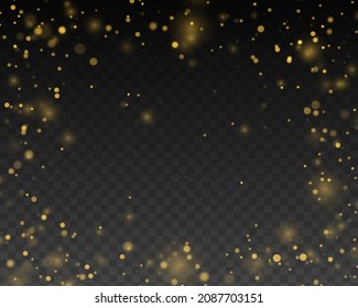 Glowing yellow bokeh circles, sparkling golden dust gold luxury decoration. Blurred light frame. Christmas concept. Bokeh light effect isolated on transparent background. Vector illustration.