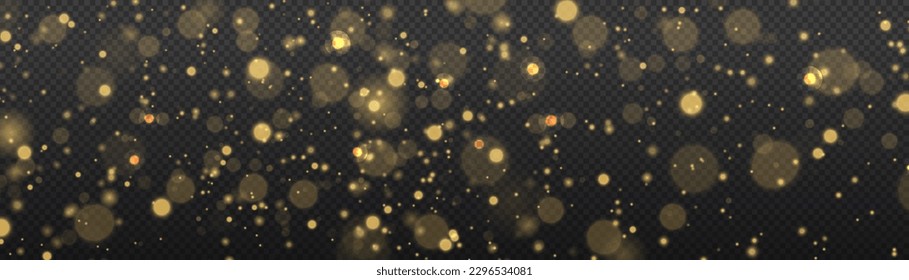 Glowing yellow bokeh circles, sparkling golden dust abstract gold luxury background decoration. Magical dust particles. Glitter defocused blinking stars sparks. Christmas concept flare sparkle vector.