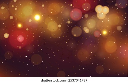 Glowing yellow bokeh circles, sparkling golden dust abstract gold luxury background decoration. Red and orange holiday bokeh. Abstract Christmas background. Vector illustration