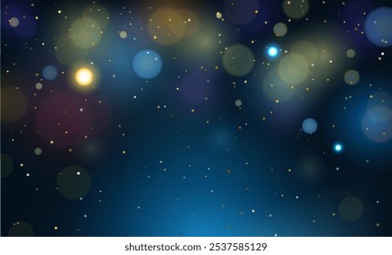 Círculos bokeh amarillos brillantes, fondo abstracto de polvo dorado brillante. bokeh azul de vacaciones. Fondo de Navidades Abstractas. Ilustración vectorial