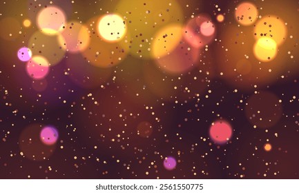 Glowing yellow bokeh circles, sparkling golden dust abstract gold luxury background decoration. Red and orange holiday bokeh. Abstract Christmas background. Vector illustration.Christmas glowing bokeh