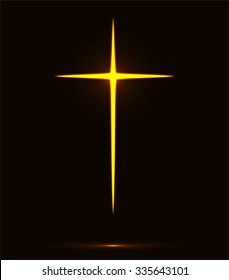 Glowing yellow Christian cross vector illustration isolated over black background. Fire cross, holy cross drawing
