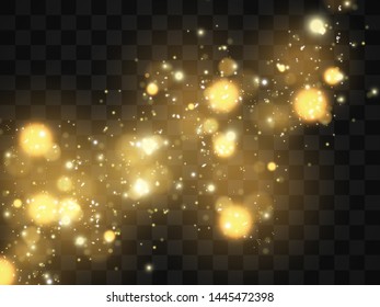 Glowing yellow circles. White sparks and golden stars glitter special light effect. Vector sparkles on transparent background. Christmas abstract pattern. Sparkling magic dust particles