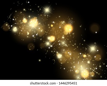 Glowing yellow circles. White sparks and golden stars glitter special light effect. Vector sparkles on transparent background. Christmas abstract pattern. Sparkling magic dust particles