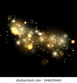 Glowing yellow circles. White sparks and golden stars glitter special light effect. Vector sparkles on transparent background. Christmas abstract pattern. Sparkling magic dust particles