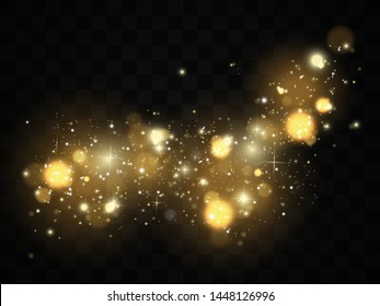 Glowing yellow circles. White sparks and golden stars glitter special light effect. Vector sparkles on transparent background. Christmas abstract pattern. Sparkling magic dust particles