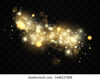 Glowing yellow circles. White sparks and golden stars glitter special light effect. Vector sparkles on transparent background. Christmas abstract pattern. Sparkling magic dust particles