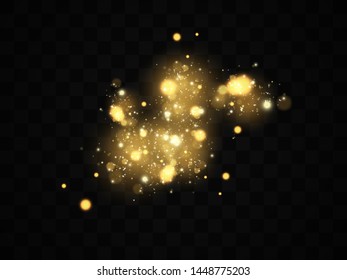 Glowing yellow circles. White sparks and golden stars glitter special light effect. Vector sparkles on transparent background. Christmas abstract pattern. Sparkling magic dust particles