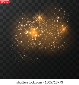 Glowing yellow circles. White sparks and golden stars glitter special light effect. Vector sparkles on transparent background. Christmas abstract pattern. Sparkling magic dust particles