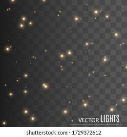 Glowing yellow circles. White sparks and golden stars glitter special light effect. Vector sparkles on transparent background. Christmas abstract pattern. Sparkling magic dust particles