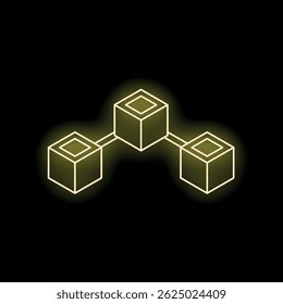 Cubos amarelos brilhantes estão se conectando com linhas que formam uma rede blockchain em um fundo escuro