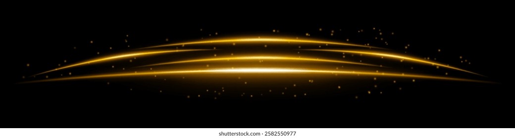 Glowing yellow curved light streaks with scattered particles on a dark background. Futuristic arc-shaped energy flow, laser effect, neon illumination, and digital motion concept.