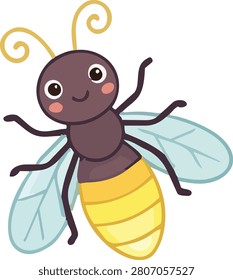Glowing yellow firefly lightning bug cartoon character flying with a luminous tail. Adorable nocturnal garden insect bug vector illustration for kids.