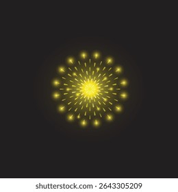 Explosión de fuegos artificiales amarillos brillantes sobre fondo oscuro - Ilustración vectorial festiva de ráfaga de luz

