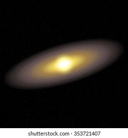 Glowing yellow galaxy with a large number of stars and nebulae. Vector illustration.