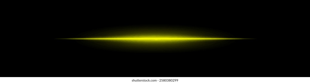 Glowing yellow horizontal light beam on a dark background. Futuristic laser effect, energy burst, neon illumination, and sci-fi digital glow concept.