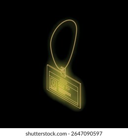 Glowing yellow identification badge hanging on lanyard on black background