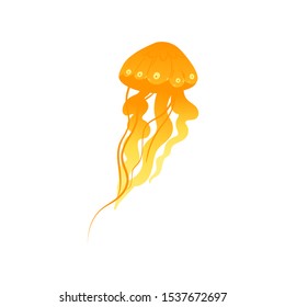 Glowing yellow jellyfish drawing - colorful hand drawn sea animal with shiny gradient texture and long tentacles. Isolated vector illustration on white background.