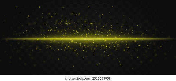 Glowing yellow laser beam horizontally with sparkling particles across a dark transparent background, creating a futuristic and high-tech visual effect. Neon flare, laser lines of light